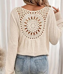 economico -Bluse Eleganti in Pizzo Bianco per Donna con Occhielli Blusa Casual Elegante Colore Unito Maniche Lunghe Collo a Giro Top Petits Romantici da Indossare in Estate e Vacanza Verde Erba Rosa Blu Beige
