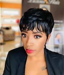 economico -parrucca pixie cut parrucche dei capelli umani per le donne nere parrucche corte dei capelli umani con la frangetta pixie cut parrucche corte nere diritte parrucche piene di colla senza colla fatte a