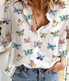 abordables -Camisa de mujer elegante con estilo estampado de mariposa camisa de manga larga cuello diario blanco amarillo primavera otoño