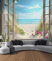 baratos -vista da janela praia pendurado tapeçaria arte da parede grande tapeçaria mural decoração fotografia pano de fundo cobertor cortina casa quarto sala de estar decoração oceano verão