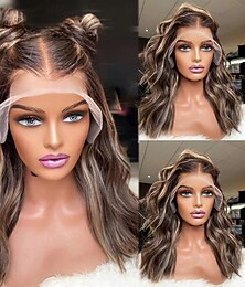 abordables -Perruque Cheveux Naturel humain 13x4 devant en dentelle Cheveux Vietnamiens Ondulé Multicolore Partie libre Femme Densité 130% 150% avec des cheveux de bébé Cheveux Colorés Mèches Colorées / Balayées