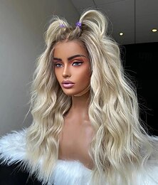 abordables -Perruque Cheveux vierges non transformés 13x4 devant en dentelle Cheveux Brésiliens Ondulé Blond Multicolore Partie libre Femme Densité 130% 150% avec des cheveux de bébé Cheveux Colorés 100% vierge