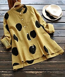 economico -Per donna Taglie Forti Camicie ispirate al lino Abbottonare Blusa A Pois Casual Manica Lunga Girocollo Top Regolari Quotidiano Tasca Giallo Tutte le stagioni