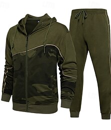 abordables -Hombre Sudadera Tracksuit Sudadera con capucha y cremallera completa Verde Ejército Caqui Gris Con Capucha Bloque de color Color Camuflaje Retazos 2 Piezas Deporte Diario Festivos Ropa de calle
