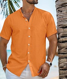 billige -Herre Skjorte Linskjorte Skjorte med bandkrage Sommerskjorte Strand Klær Skjorte med knapper عادي Feriereise Curise Svart Hvit Blå Oransje Kortermet Båndkrage Sommer Klær
