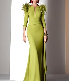 abordables -Vestido de Invitada de Boda Sirena Verde con Plumas Playa Vestido de Noche Boda Elegante Formal Caída Largo hasta el Suelo Manga 3/4 Cuello en V con Volantes Fruncidos vestido para impresionar