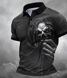 abordables -Jour des Morts Homme Crâne Polo Chemise de golf Manche Courte Polos Chemises à Col Horreur Vêtements de rue Vêtements de festival Tenues de fête Impression 3D Boutons Été Printemps Noir