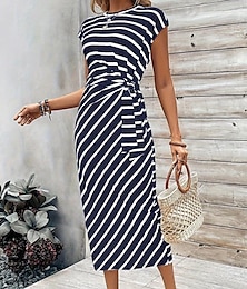 economico -vestito tubino da donna a righe annodato girocollo manica corta midi elegante casual quotidiano manica corta estate