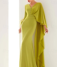 abordables -Robe de soirée en mermaid noire verte pour mariage Robe élégante Formelle Automne Longueur au sol Manches longues Col en V Chiffon avec plumes Volants froncés 2025