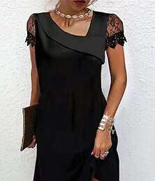 preiswerte -Damen schwarzes kleid Minikleid Spitze Patchwork Verabredung Strassenmode Basic V Ausschnitt Kurzarm Schwarz Farbe