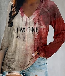 お買い得  -ウィメンズ T シャツ ブラッドステイン V ネック 長袖 グラフィック カジュアル カラーブロック レター アブストラクト レギュラー トップス デイリープリント レッド 春 秋  冬