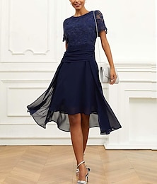 economico -Per donna Abito linea A Chiffon Pizzo Increspato Girocollo Manica corta Vestito longuette Invitati del matrimonio Cocktail party Elegante Da cerimonia Blu scuro Estate