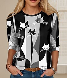 economico -Per donna Maglietta Ombre Gatto Casual Manica Lunga Girocollo Top Regolari Quotidiano Stampato Nero Primavera Autunno