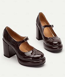abordables -Escarpins à talon carré Mary Jane en cuir verni marron pour femmes avec détails brogue - chaussures habillées d'inspiration vintage pour le bureau et le soir