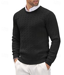 preiswerte -irischer Pullover für Herren, Strickpullover, gerippt, Zopfmuster, normale Oberteile, gestrickt, einfarbig, Rundhalsausschnitt, modisch, Basic, Urlaub, Alltagskleidung, Kleidung, Herbst & Winter, schwarz