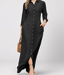 abordables -Robe en jean Robe chemise Femme Robe longue maxi Bureau Jean basique Grande occasion Col de Chemise Bouton Poche manche longue Eté Printemps Standard Noir bleu marine Bleu Plein S M L XL 2XL
