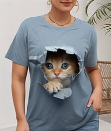 economico -Per donna Taglia grossa Top maglietta Gatto Stampa Manica corta A V Informale Giornaliero Poliestere Estate Bianco Blu