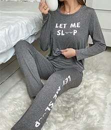 abordables -Conjuntos de pijamas para mujer, moda con letras, comodidad para el hogar, uso diario, cama, poliéster, transpirable, cuello redondo, manga larga, camiseta, pantalón, cintura elástica, otoño,