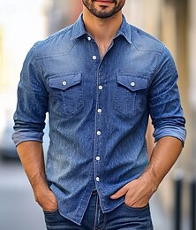 billiga -Herr Skjorta Chambray skjorta Calico skjorta Casual skjorta Knapp upp skjorta Jeansskjorta Denim blå Svart Marinblå Ljusblå Långärmad Slät Krage Semester Dagligen Kläder Bomull Mode Ledigt