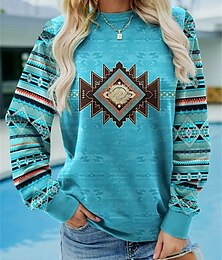abordables -Sudadera de mujer, estilo tribal, para uso diario, con estampado vintage étnico, informal, cuello redondo, manga larga, microelástica, para otoño e invierno, cómoda, transpirable, tejido suave