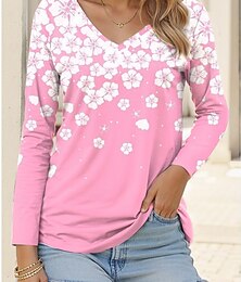 economico -Maglietta tunica da donna moda casual stampa manica lunga tops regolari collo a V giornaliera rosa blu viola arancione primavera autunno
