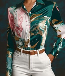 preiswerte -Damen Hemd Marmordruck Elegant Stilvoll Geschäftlich Langarm Hemdkragen Normale Oberteile Arbeit Bedruckt Grün Sommer Herbst Winter