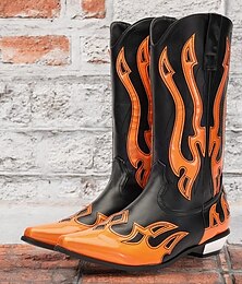 economico -stivali da cowboy western da uomo neri e arancioni a metà polpaccio - design audace con fiamma e finitura lucida per rodeo e abbigliamento alla moda