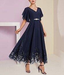 voordelige -A-lijn jurk voor de moeder van de bruid Formele Bruidsgast Elegante V-hals Thee lengte Chiffon Kant Korte mouw met Applicaties Kristallen Broche 2025 gratis maatwerk