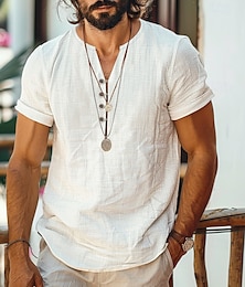 economico -Per uomo Camicia camicia di lino Camicia estiva Camicia da spiaggia Tinta unica Da mare Curise Nero Bianco Manica corta Rotonda Estate Primavera Abbigliamento