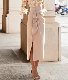 voordelige -Sheath Moeder Van De Bruid Jurk Elegante Simpele Hoge Hals Theelengte Stretch Stof 3/4 Mouw Met Veer Kant Plooien 2025 gratis op maat
