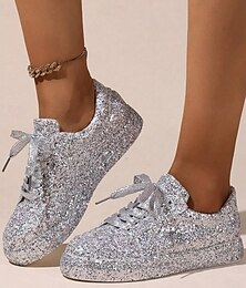abordables -Femme Basket Chaussures bling-bling Chaussures fantaisie Chaussures scintillantes Extérieur du quotidien Paillette Talon Plat Bout rond Mode Sportif Décontractées Paillette Polyuréthane Lacet Argent