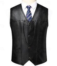 billiga -Herr Imitationsläderjacka Väst Gilet Bröllop Fest Dagligen Mode Affär Vår & sommar Knapp Ficka Polyester Bekväm Rutig Enkelknäppt med Ett Knapphål V-hals Normal Svart Väst
