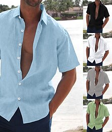 economico -Per uomo camicia di lino Camicia estiva Abbigliamento mare Camicia con bottoni Tinta unica Da mare Curise Nero Bianco Rosa Blu Manica corta Collo ripiegabile Estate Abbigliamento Bottone giù