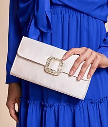 abordables -Bolso de mano de satén blanco para mujer con hebilla de strass: elegante bolso de noche para ocasiones especiales
