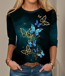 abordables -Túnica para mujeres camiseta de moda casual estampado de manga larga tops regulares cuello redondo diario negro primavera otoño