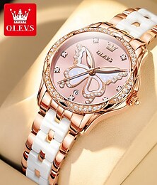 abordables -Olevs 5610 - Reloj de pulsera para mujer, elegante, con bisel de diamantes de imitación y correa de cerámica, resistente al agua, automático, luminoso