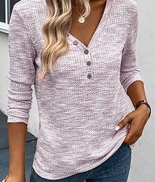 abordables -Mujer Camiseta Plano Elegante Casual Manga Larga Escote en Pico Tops regulares Diario Botones Rosa Primavera Otoño