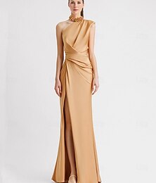 economico -Abito da sera a tubino elegante abito formale lunghezza sul pavimento senza maniche spalla unica con tasca in satin con applicazioni abito per impressionare