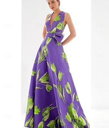 preiswerte -A-Linie Abendkleid Elegantes Kleid Formelles bodenlanges Ärmelloses V-Ausschnitt Satin mit Blumenmuster Bogen Hochzeitsgastkleid 2025