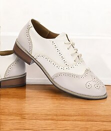 preiswerte -Cremefarbene und weiße Oxford-Schuhe aus Kunstleder für Damen im Brogue-Stil mit Schnürverschluss – formelles Schuhwerk im Vintage-Stil