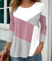 abordables -Camiseta de mujer, informal, con estampado de bloques de color, manga larga, cuello redondo, para uso diario, rosa, para primavera y otoño