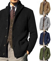 preiswerte -Herren Strickjacke Kurzer Pullover Strickpullover Gerippt Stricken Standard Knopf hoch Tasche Feste Farbe Schalrevers Modisch Klassisch Freizeitskleidung Verabredung Bekleidung Herbst Winter Schwarz