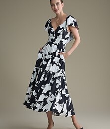 abordables -robe fleurie à col en V et taille élastique en mélange de tencel