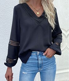 economico -Top in pizzo elegante da donna con occhiello blusa stilosa moderna in pizzo maniche lunghe regolare scollatura a V lavoro quotidiano romantico top petite estivi per le vacanze blu primavera autunno