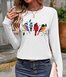 economico -Per donna maglietta Uccello Informale Manica lunga Rotonda Top regolari Giornaliero Fine settimana Stampa Bianco Autunno Inverno
