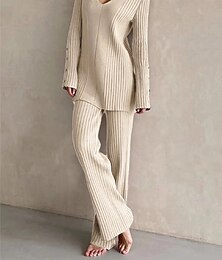abordables -Conjuntos de pijamas para mujer, color puro, moda, comodidad básica, hogar, uso diario, cama, tejido, transpirable, con escote en V, manga larga, suéter, pantalón, botón, cintura elástica, conjuntos