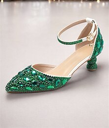 preiswerte -Grüne Pumps mit spitzer Spitze und Fesselriemchen für Damen mit Strasssteinen - glamouröse Pumps mit Schmucksteinen für den Abend und besondere Anlässe