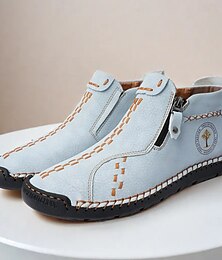 economico -mocassini casual da uomo in pelle azzurra con dettagli unici cuciti a mano e chiusura con zip, ideali da indossare tutti i giorni