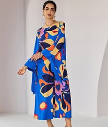 preiswerte -Lockeres, floral bedrucktes Herbst-Rundhalskleid mit elegantem, lässigem Midikleid