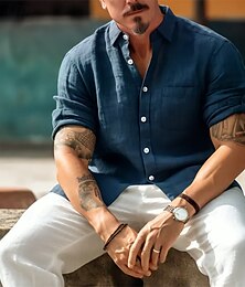 economico -Per uomo Camicia camicia di lino Camicia estiva Abbigliamento mare Maglietta informale Camicia con bottoni Liscio Informale Giornaliero Nero Blu marino Marrone Grigio Manica lunga Collo ripiegabile